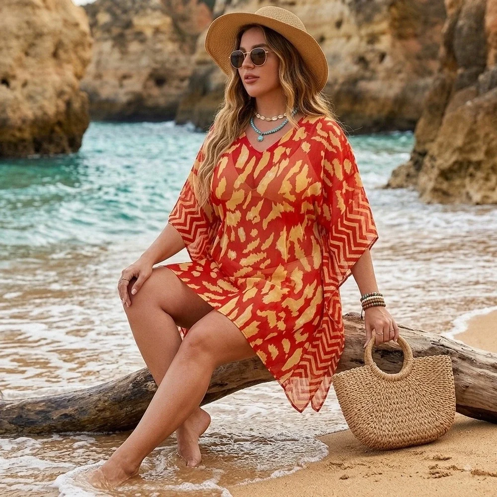 Chicos Red Abstract Animal Print Sheer Kaftan Swim Cover Up Boho Resortwear S/M